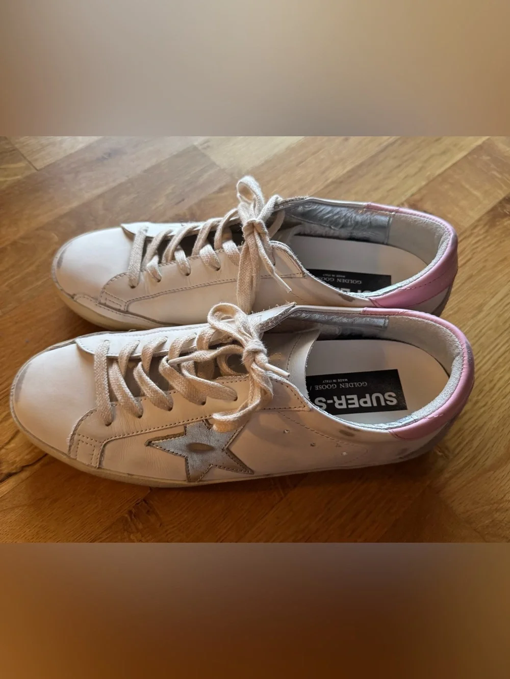 Golden Goose Super-Star White Leather Sneakers Pink and Silver Accents Sz 40 - Picture 9 of 16